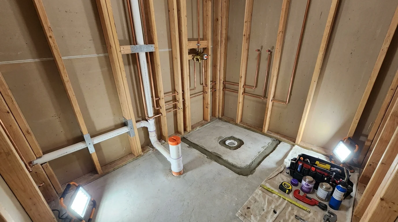 Bathroom rough-in plumbing during remodel by Johns Plumbing LLC in Malibu