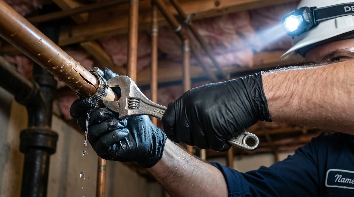 Emergency pipe clamp repair being performed by a Johns Plumbing LLC plumber in Malibu