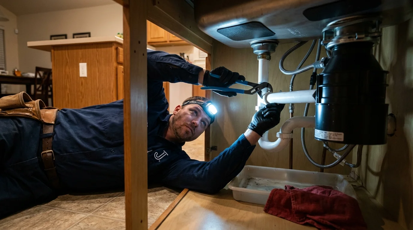 P-trap and supply line connections under a kitchen sink showing a common leak point in Malibu, CA